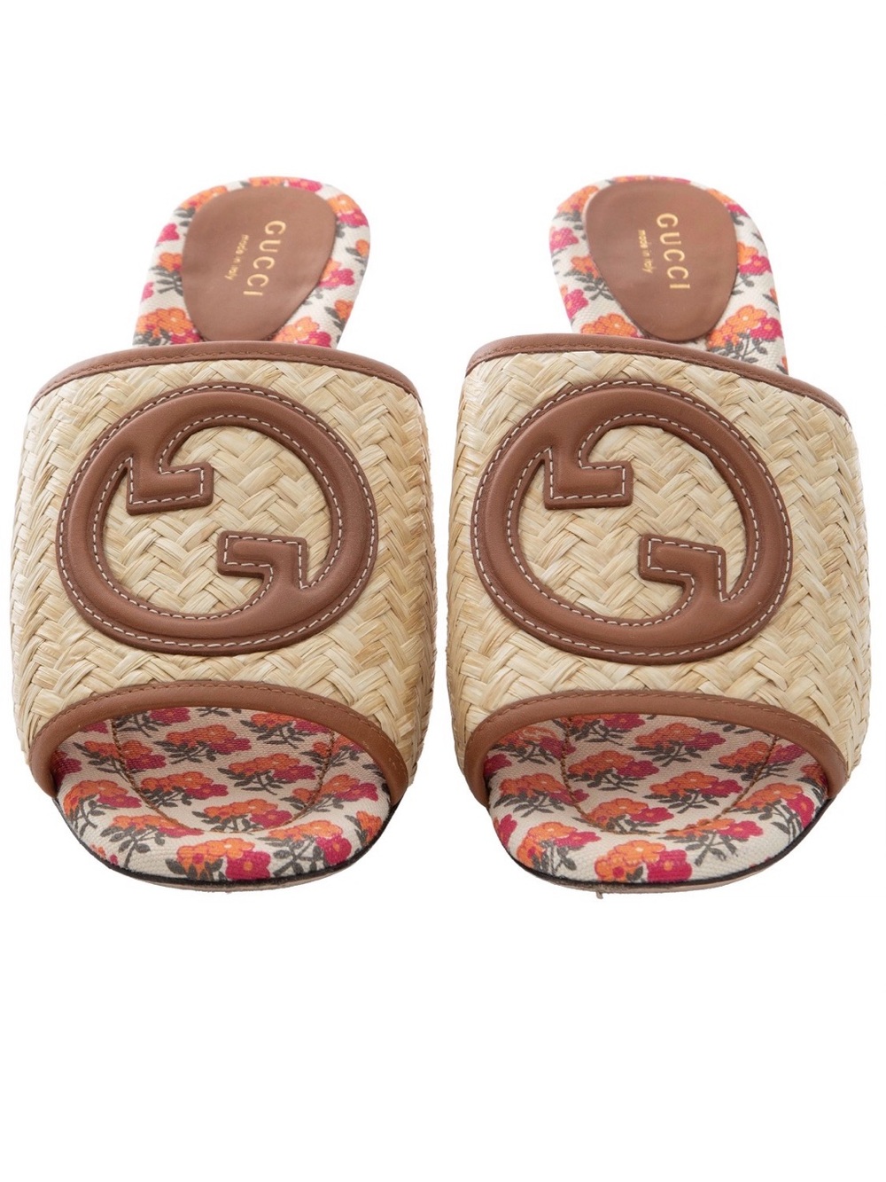 Gucci Tan Straw Slide Mules with Floral Insole
